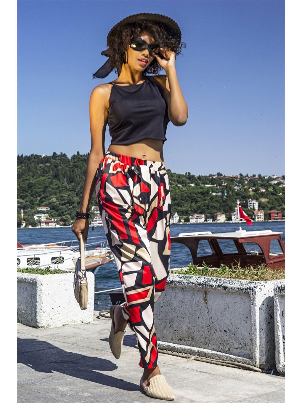 Kahverengi Asimetrik Desen Pileli Cepli Kiremit Pantolon