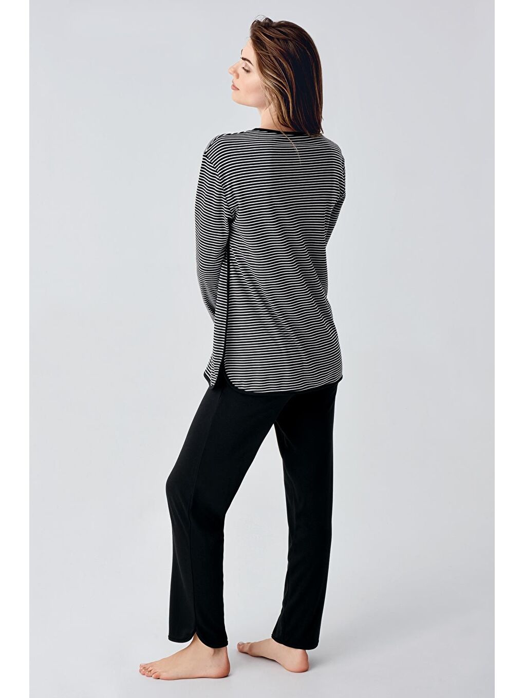 Siyah Uzun Kollu Düğmeli Esnek Şardonlu Viskoz Hamile Pijama Takım 22103-1
