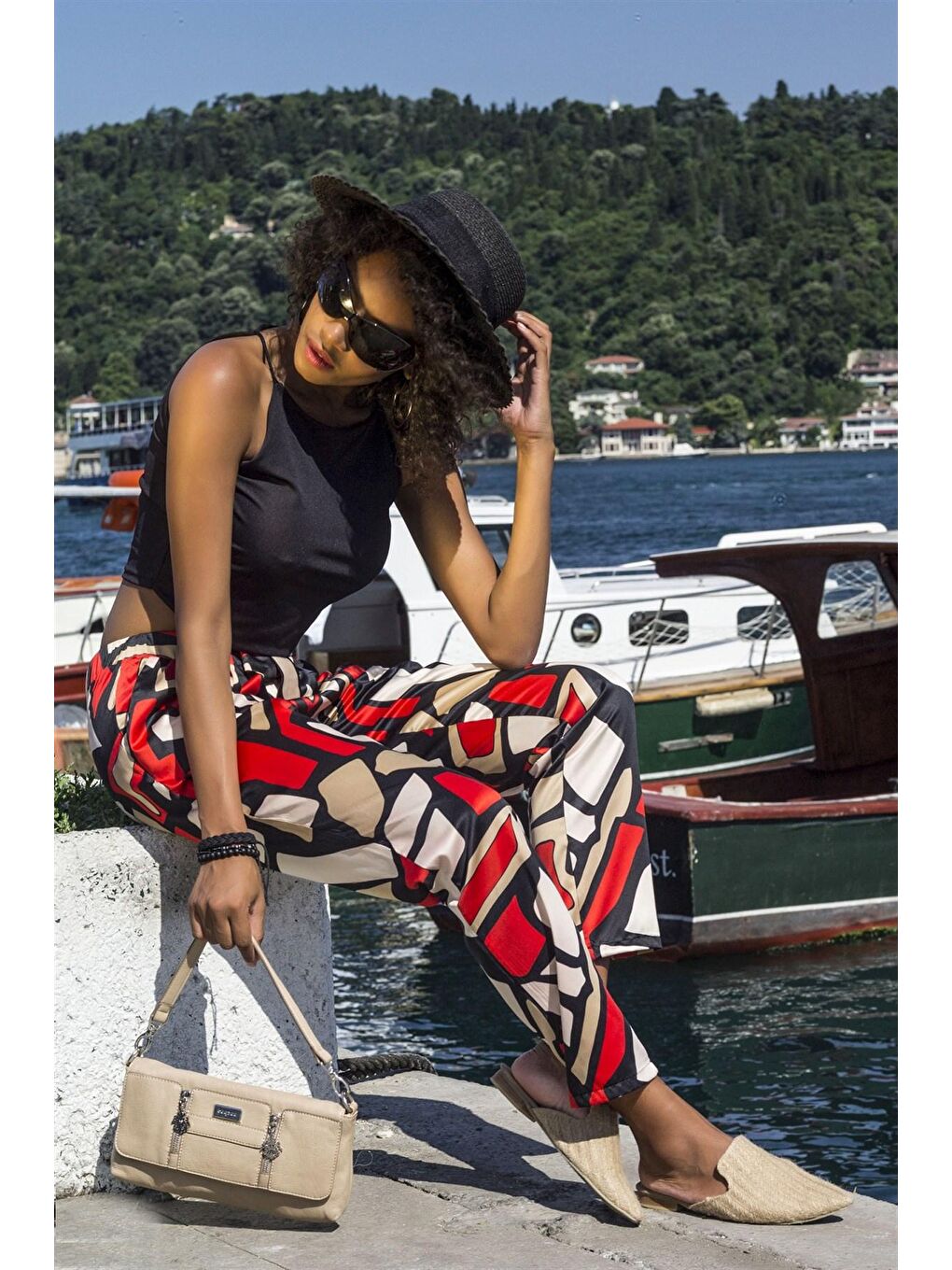 Kahverengi Asimetrik Desen Pileli Cepli Kiremit Pantolon-1