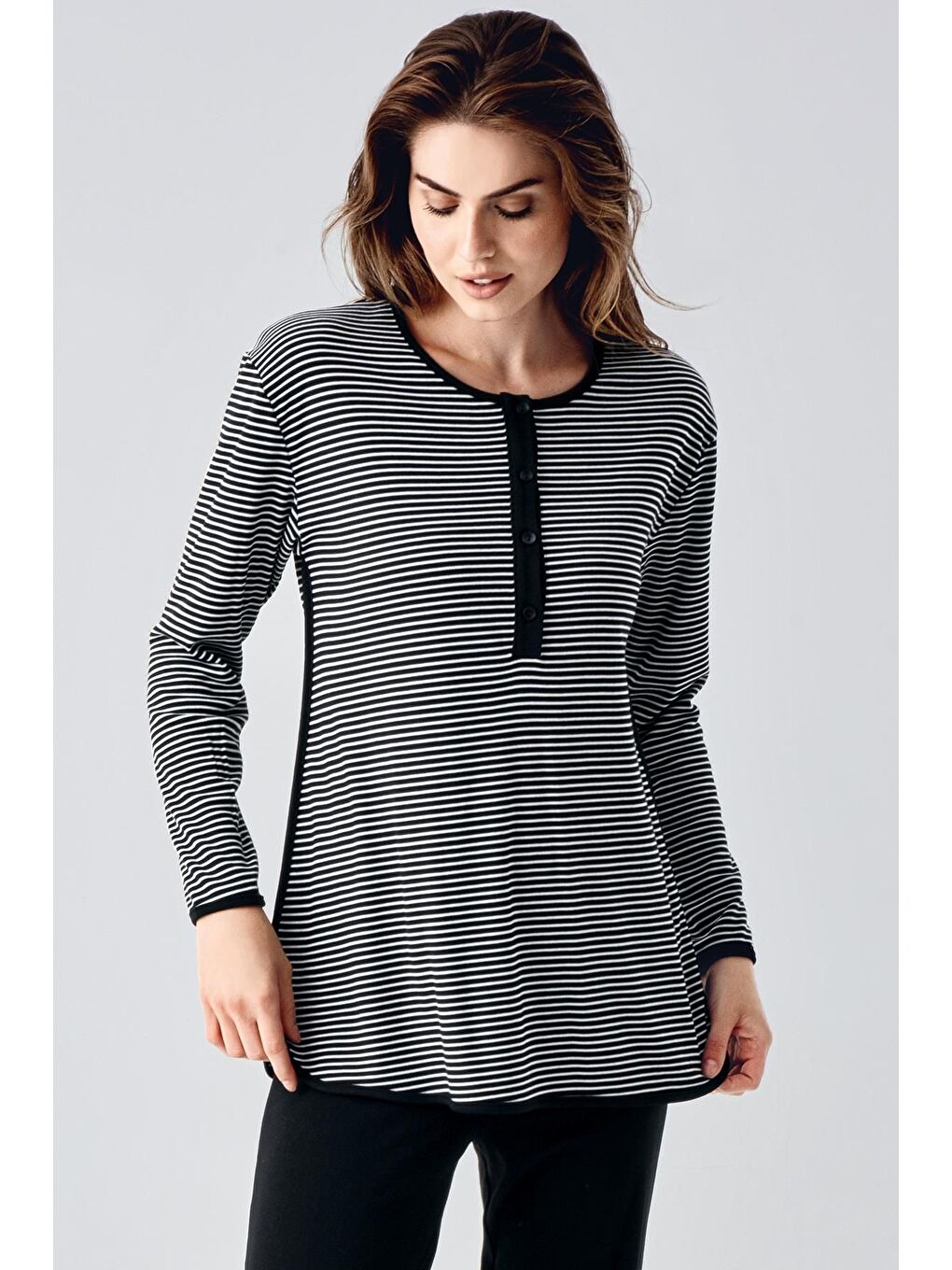 Siyah Uzun Kollu Düğmeli Esnek Şardonlu Viskoz Hamile Pijama Takım 22103-3