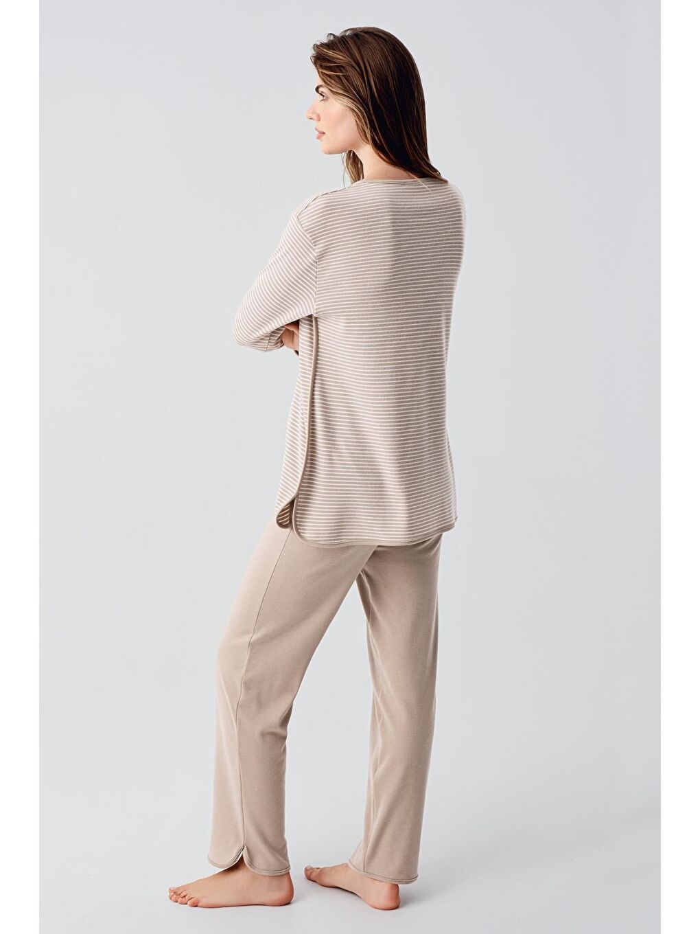 Bej Uzun Kollu Düğmeli Esnek Şardonlu Viskoz Hamile Pijama Takım 22103-2