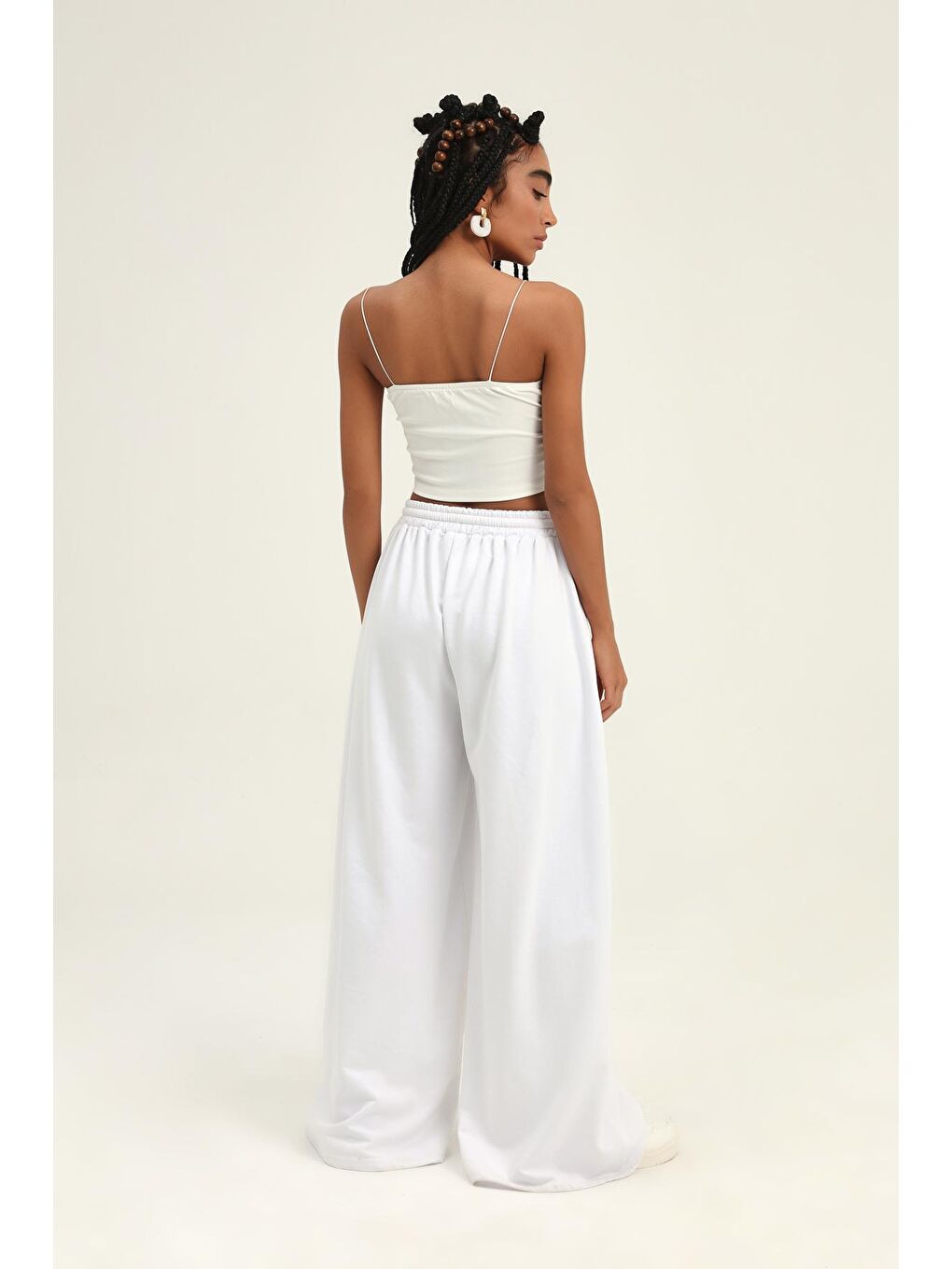 Beli Lastikli Bol Paça Eşofman Beyaz-4