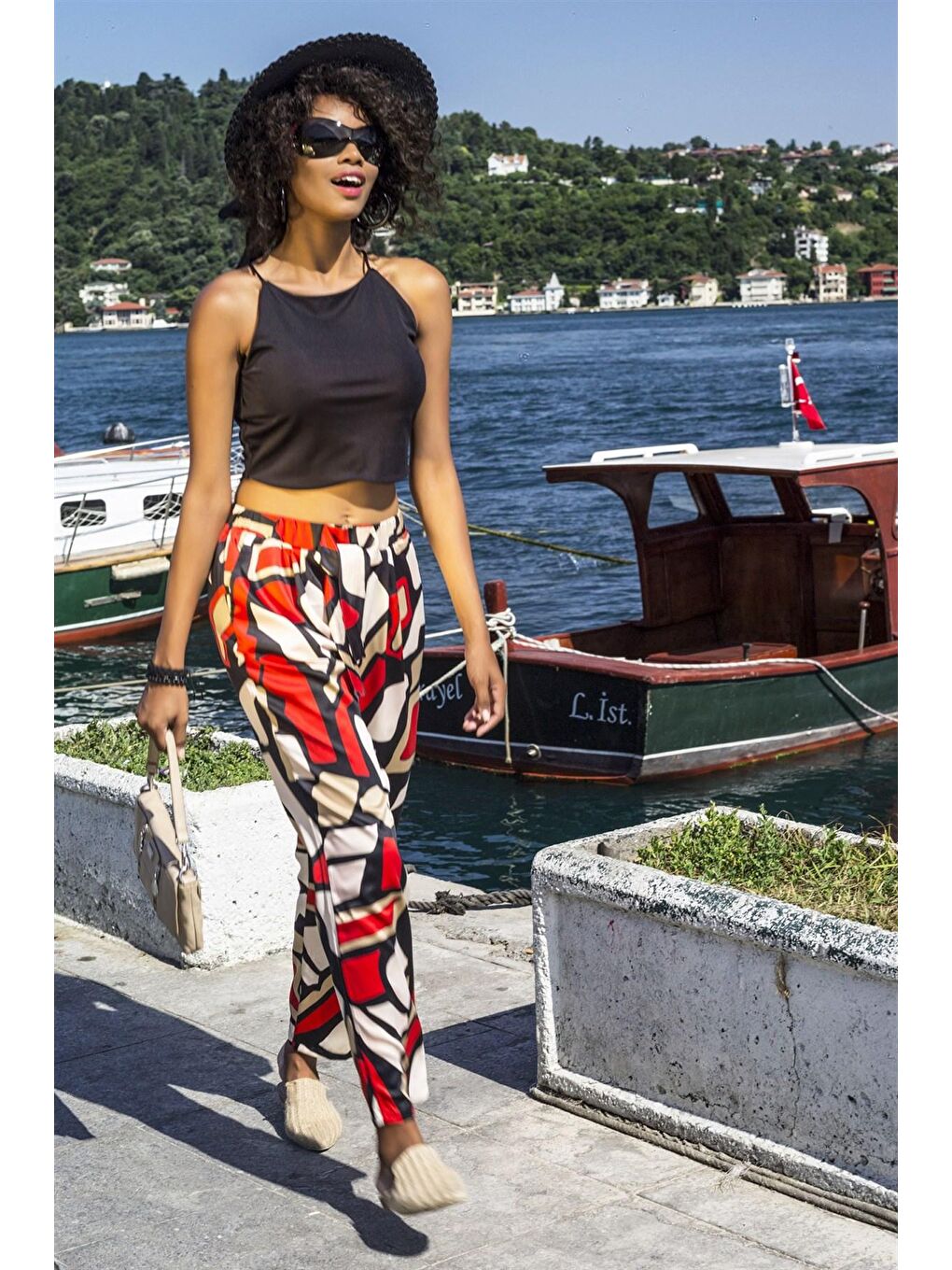 Kahverengi Asimetrik Desen Pileli Cepli Kiremit Pantolon-2