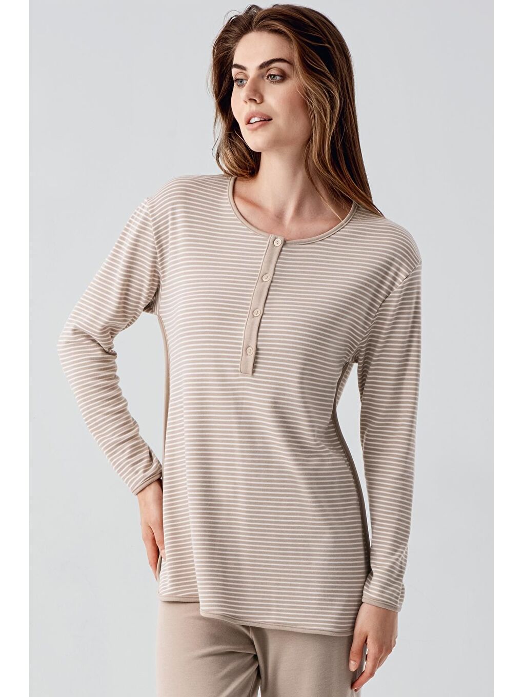 Bej Uzun Kollu Düğmeli Esnek Şardonlu Viskoz Hamile Pijama Takım 22103-4