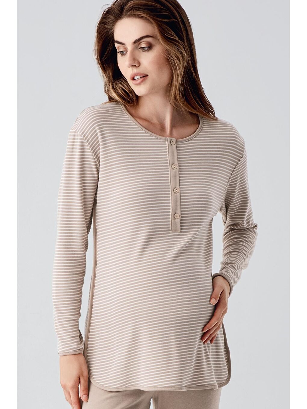 Bej Uzun Kollu Düğmeli Esnek Şardonlu Viskoz Hamile Pijama Takım 22103-5