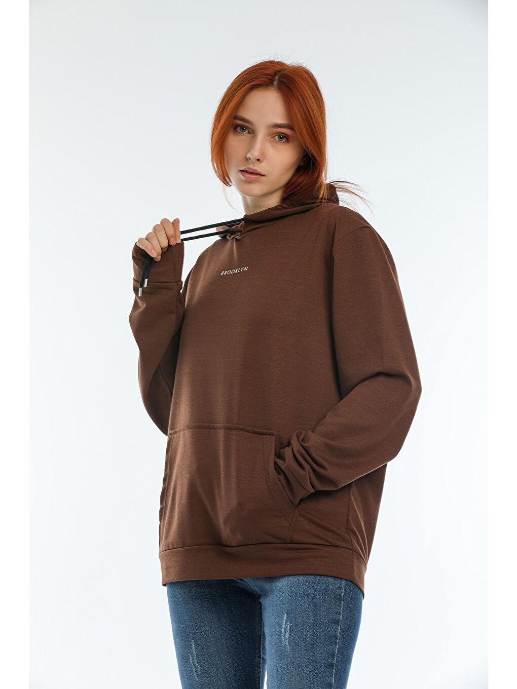 Süperlife Kahverengi Kadın Kapüşonlu Oversize Brooklyn Baskılı Sweatshirt SPR22SWK161 - 2