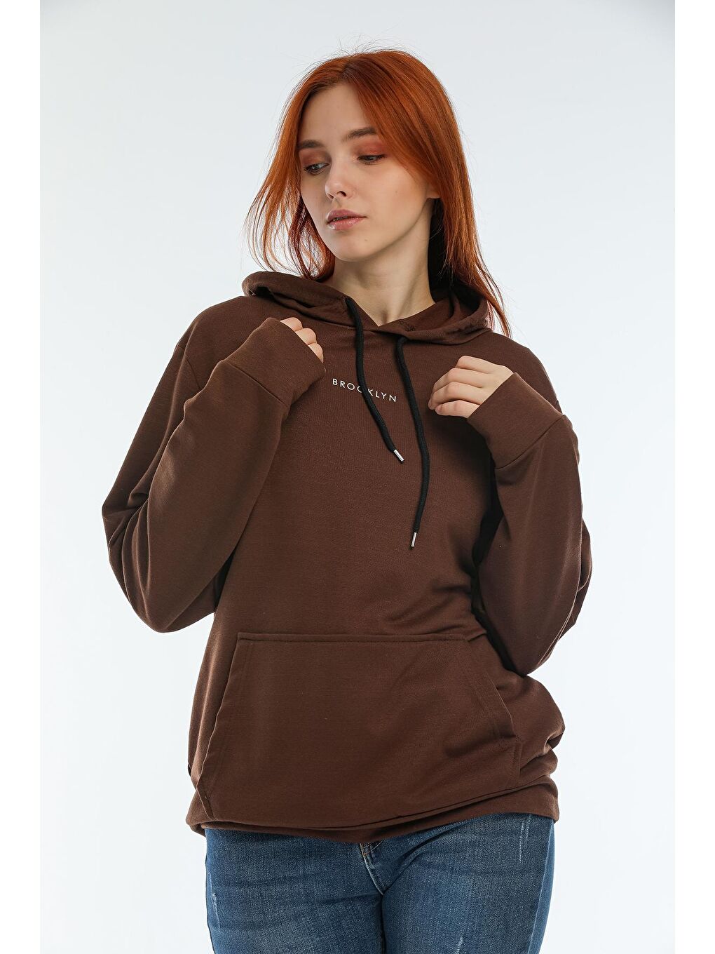 Süperlife Kahverengi Kadın Kapüşonlu Oversize Brooklyn Baskılı Sweatshirt SPR22SWK161 - 3