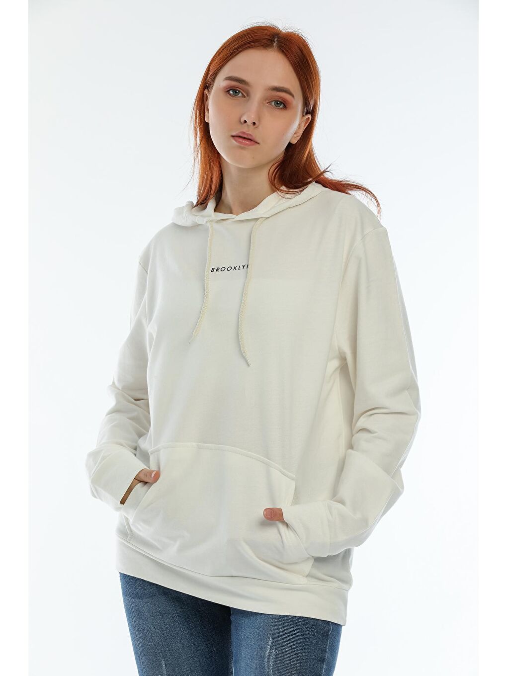 Süperlife Ekru Kadın Kapüşonlu Oversize Brooklyn Baskılı Sweatshirt SPR22SWK161