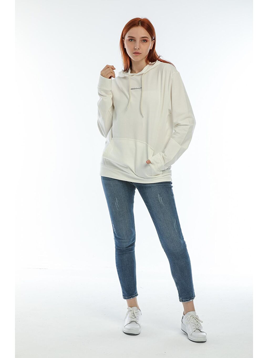 Süperlife Ekru Kadın Kapüşonlu Oversize Brooklyn Baskılı Sweatshirt SPR22SWK161 - 1