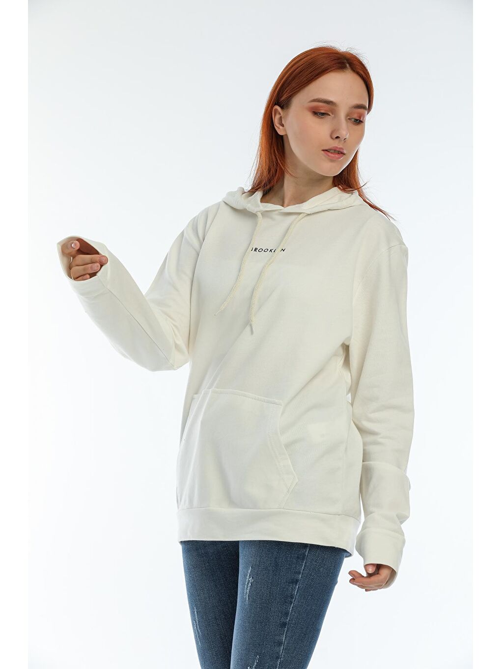 Süperlife Ekru Kadın Kapüşonlu Oversize Brooklyn Baskılı Sweatshirt SPR22SWK161 - 2