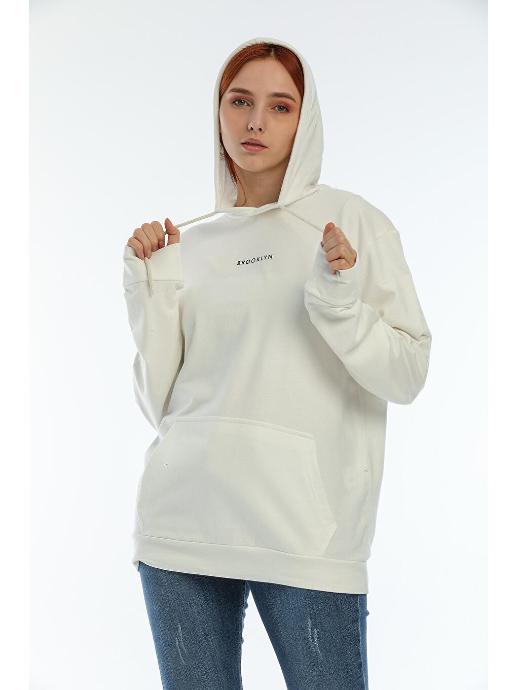 Süperlife Ekru Kadın Kapüşonlu Oversize Brooklyn Baskılı Sweatshirt SPR22SWK161 - 3