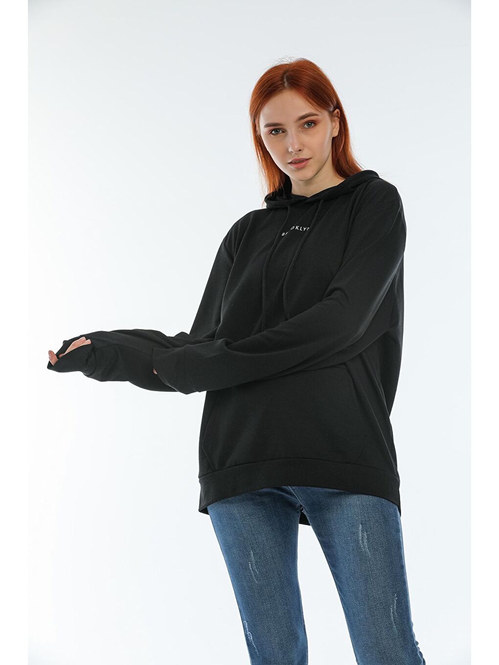 Süperlife Siyah Kadın Kapüşonlu Oversize Brooklyn Baskılı Sweatshirt SPR22SWK161 - 3