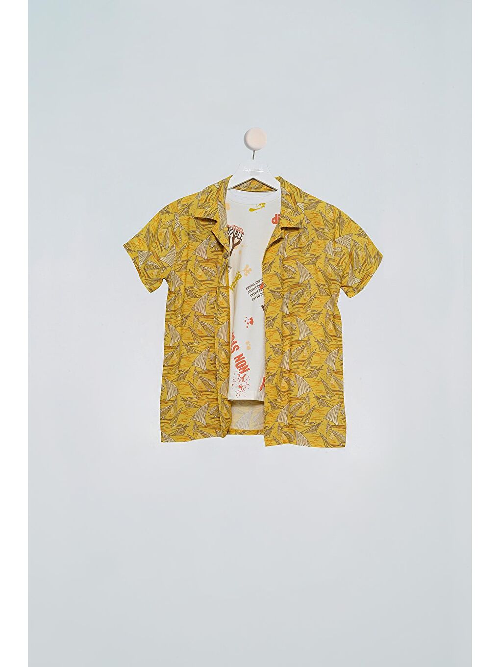 İndigo 2'li Yelken Baskılı Gömlek Tshirt Hardal Takım-2