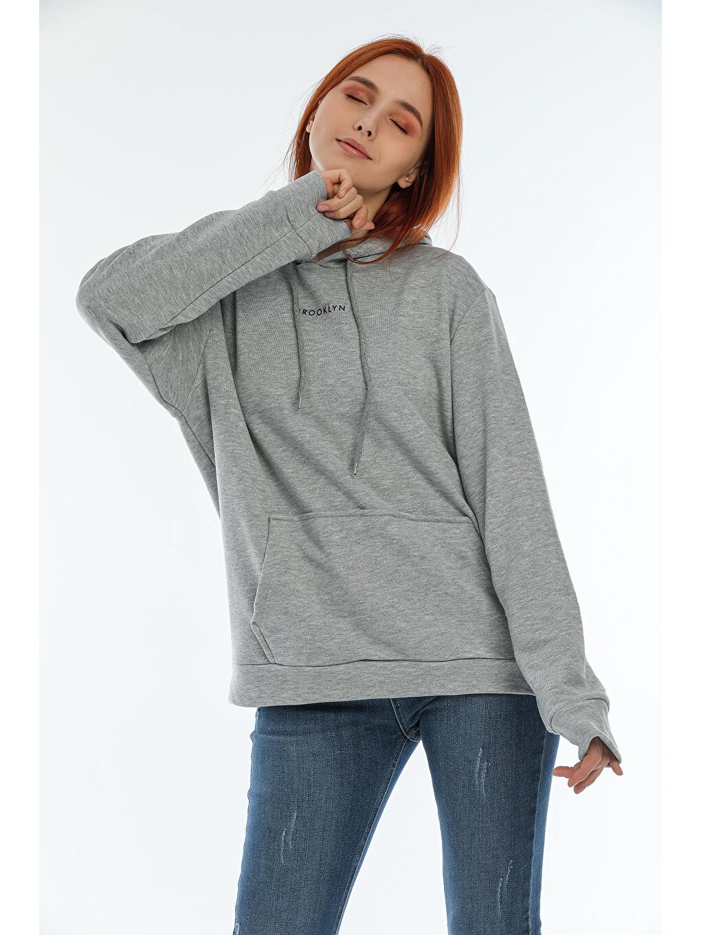 Süperlife Açık Gri Kadın Kapüşonlu Oversize Brooklyn Baskılı Sweatshirt SPR22SWK161 - 1