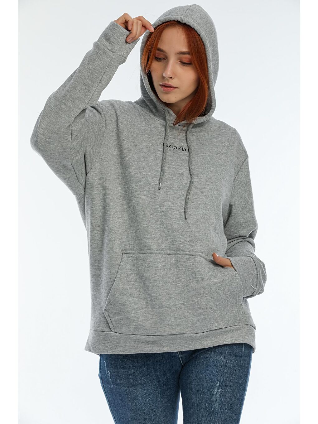 Süperlife Açık Gri Kadın Kapüşonlu Oversize Brooklyn Baskılı Sweatshirt SPR22SWK161 - 2