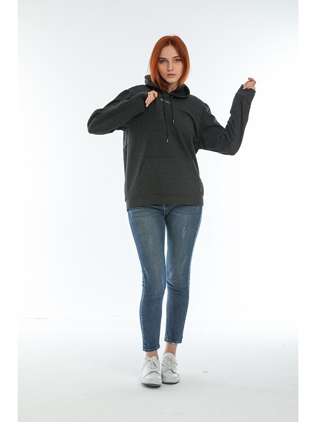 Süperlife Antrasit Kadın Kapüşonlu Oversize Brooklyn Baskılı Sweatshirt SPR22SWK161 - 1