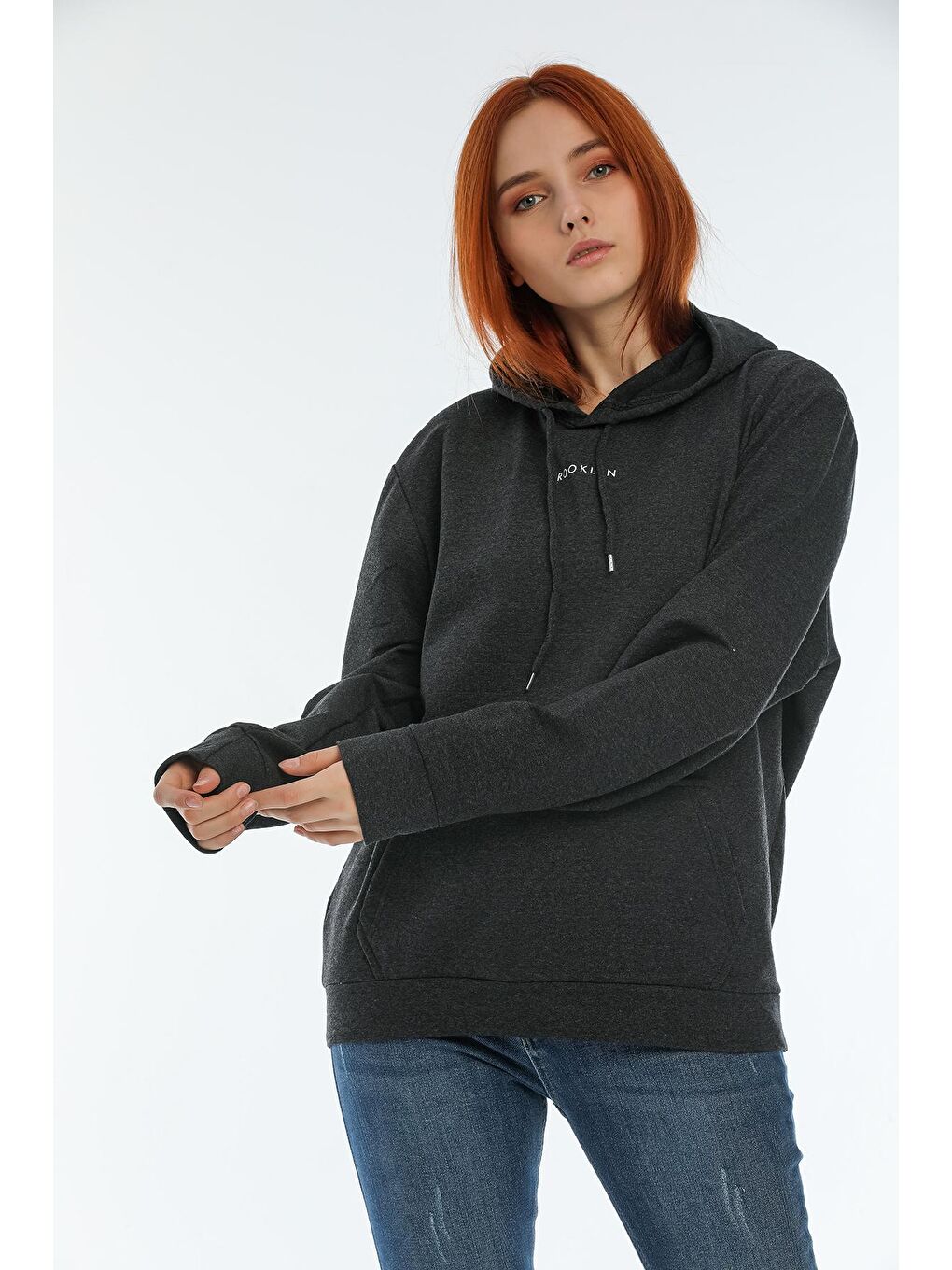 Süperlife Antrasit Kadın Kapüşonlu Oversize Brooklyn Baskılı Sweatshirt SPR22SWK161 - 3