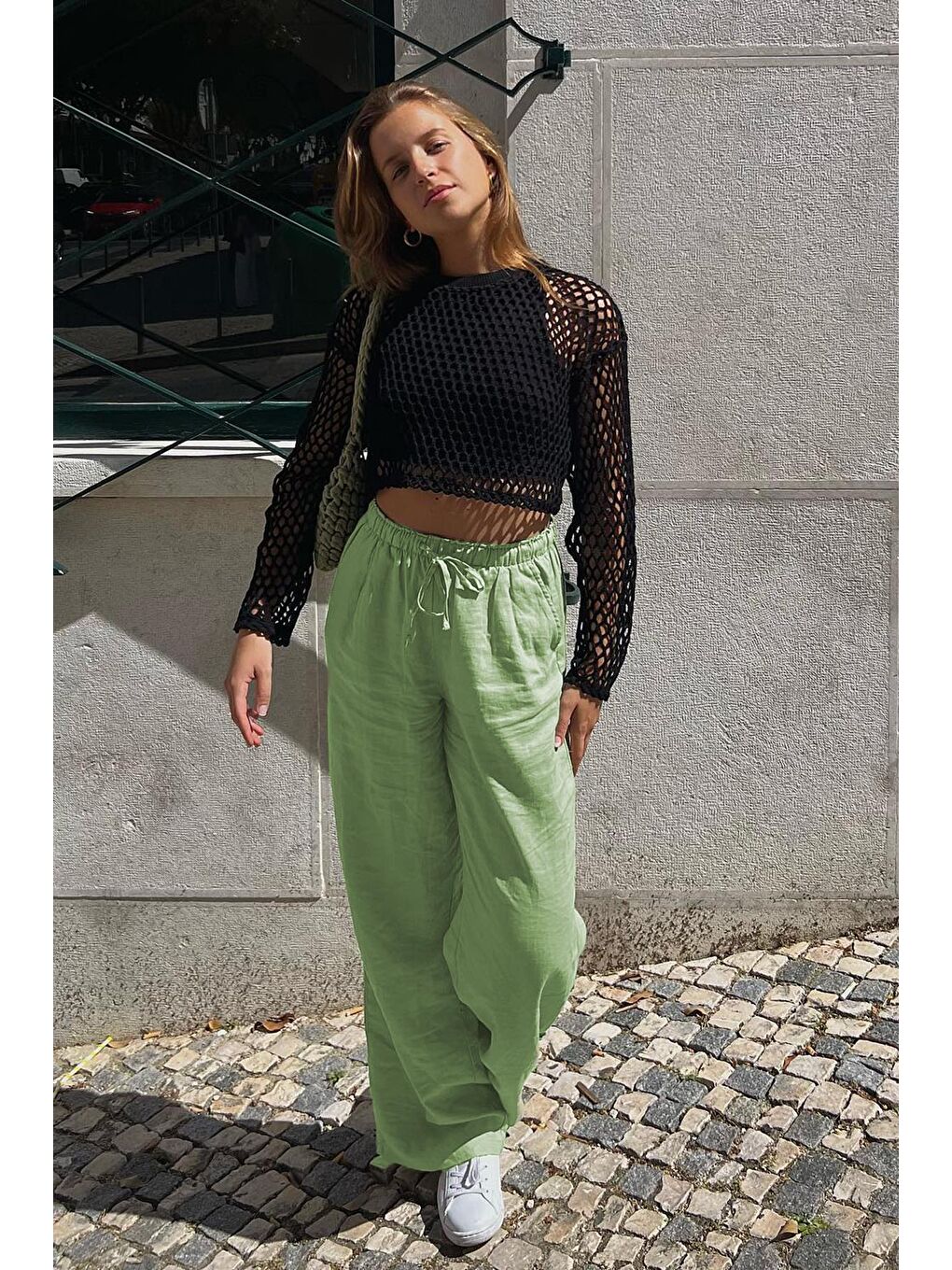 Madmext Yeşil Beli Büzgülü Wide Leg Kumaş Pantolon MG1950