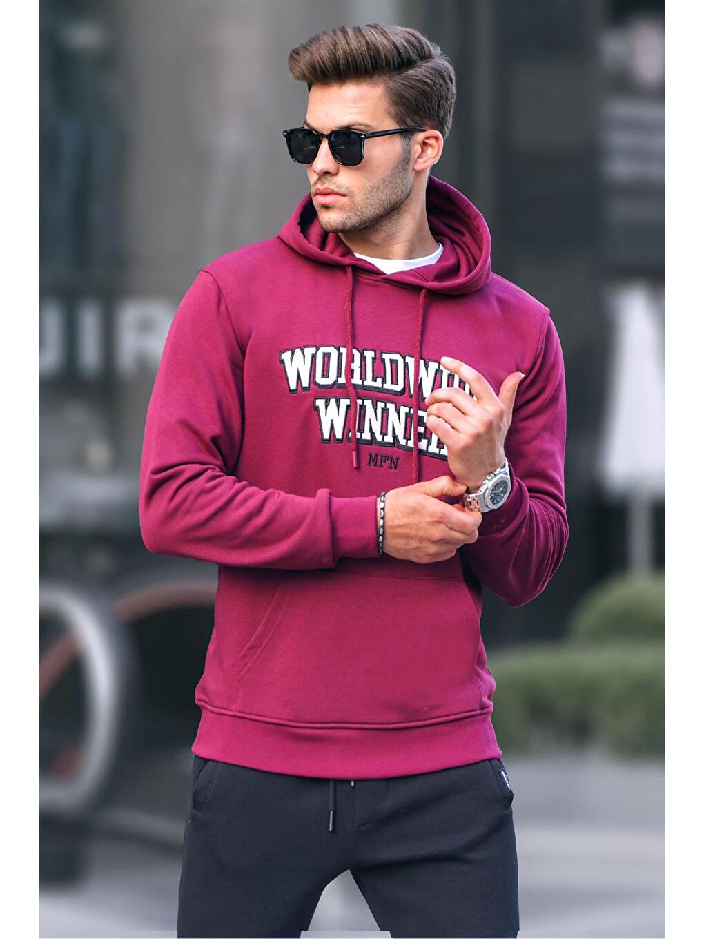 Madmext Bordo Baskılı Kapüşonlu Sweatshirt 6149