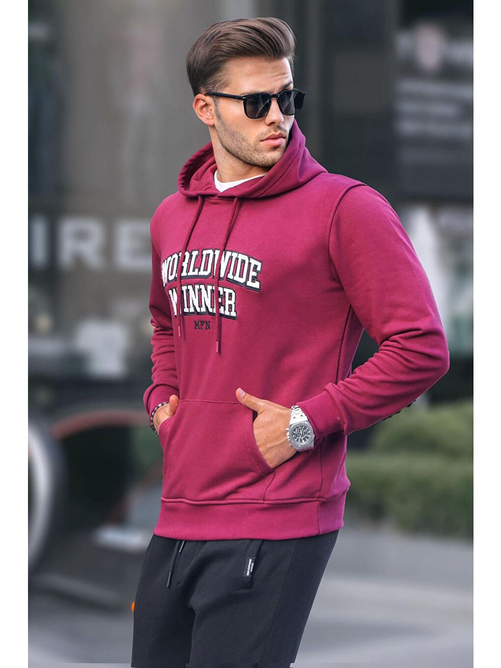 Madmext Bordo Baskılı Kapüşonlu Sweatshirt 6149 - 1