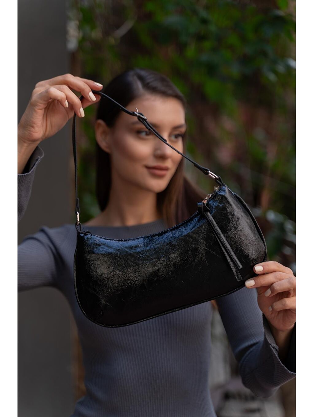 Omuz Çantası Siyah Rugan