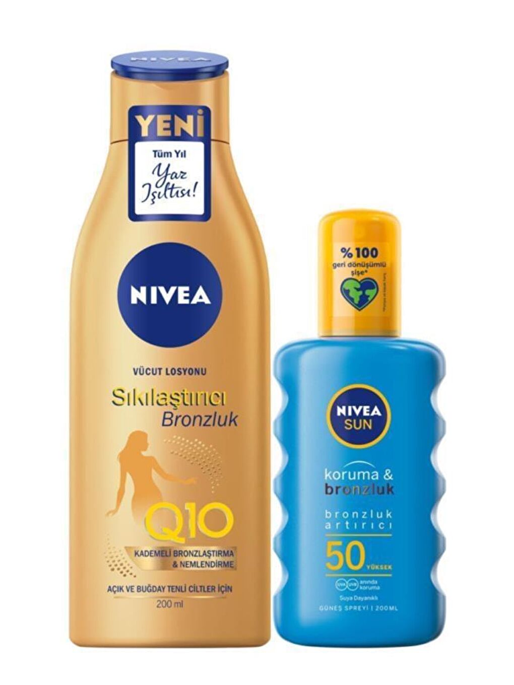 NIVEA Koruma & Bronzluk Sağlayan Güneş Spreyi SPF 50+ 200 ml + Q10 Sıkılaştırıcı Bronzluk 200 ml