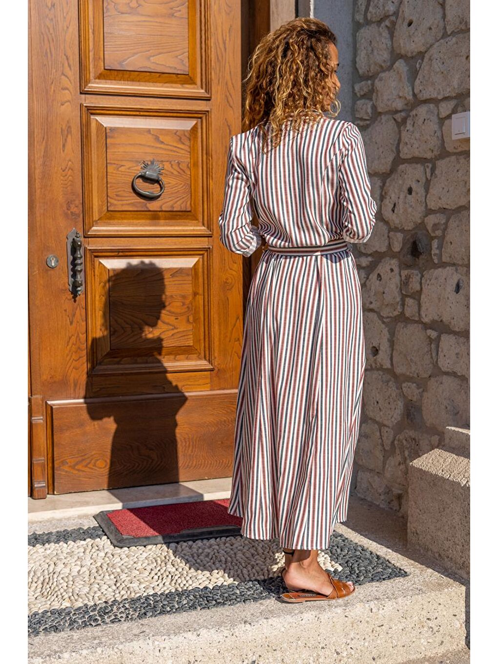 Kahverengi Kadın Kiremit Kendinden Kemerli Cepli Keten Kiloş Gömlek Elbise Bst3259-1