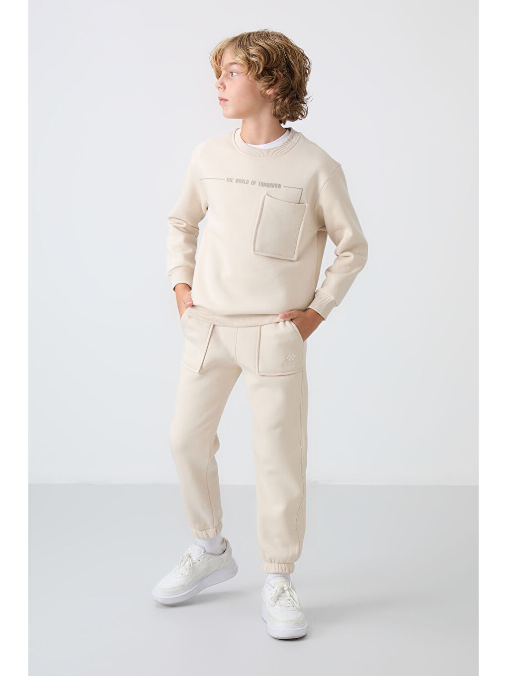 Bej Pamuklu Kalın İçi Tüylü Yumuşak Dokulu Standart Fit Baskılı Erkek Çocuk Eşofman Takım - 11257-3