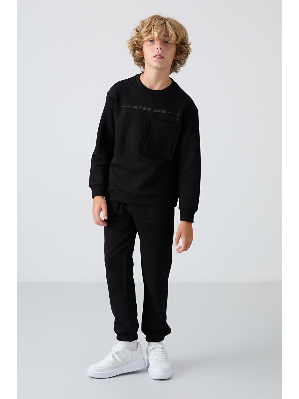 Siyah Pamuklu Kalın İçi Tüylü Yumuşak Dokulu Standart Fit Baskılı Erkek Çocuk Eşofman Takım - 11257-2