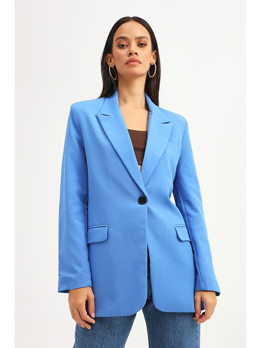 Tek Düğmeli Blazer Ceket Mavi-1