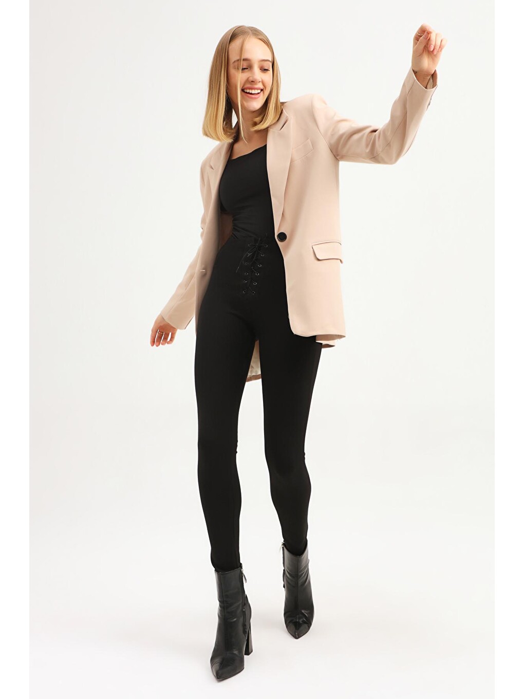 Tek Düğmeli Blazer Ceket Bej-2