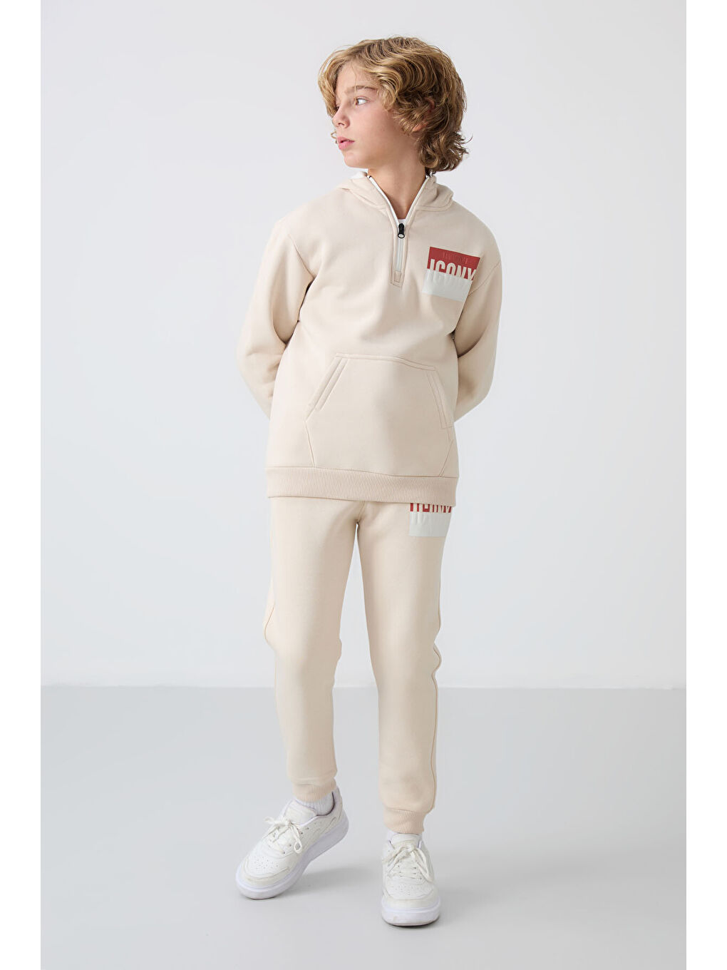 Bej Pamuklu Kalın İçi Tüylü Yumuşak Dokulu Standart Fit Baskılı Erkek Çocuk Eşofman Takım - 11246