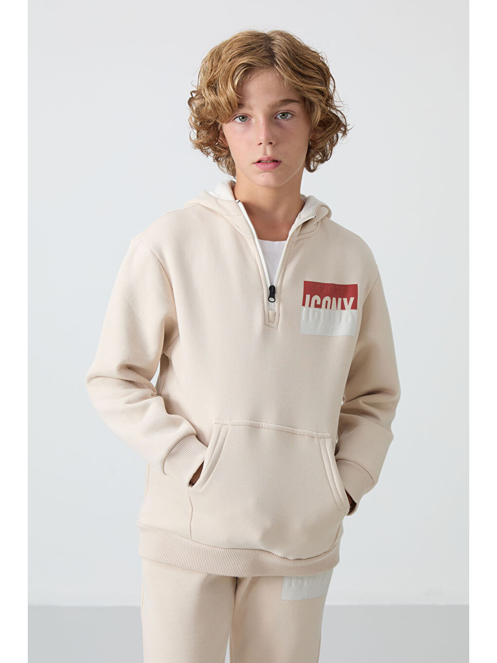 Bej Pamuklu Kalın İçi Tüylü Yumuşak Dokulu Standart Fit Baskılı Erkek Çocuk Eşofman Takım - 11246-1