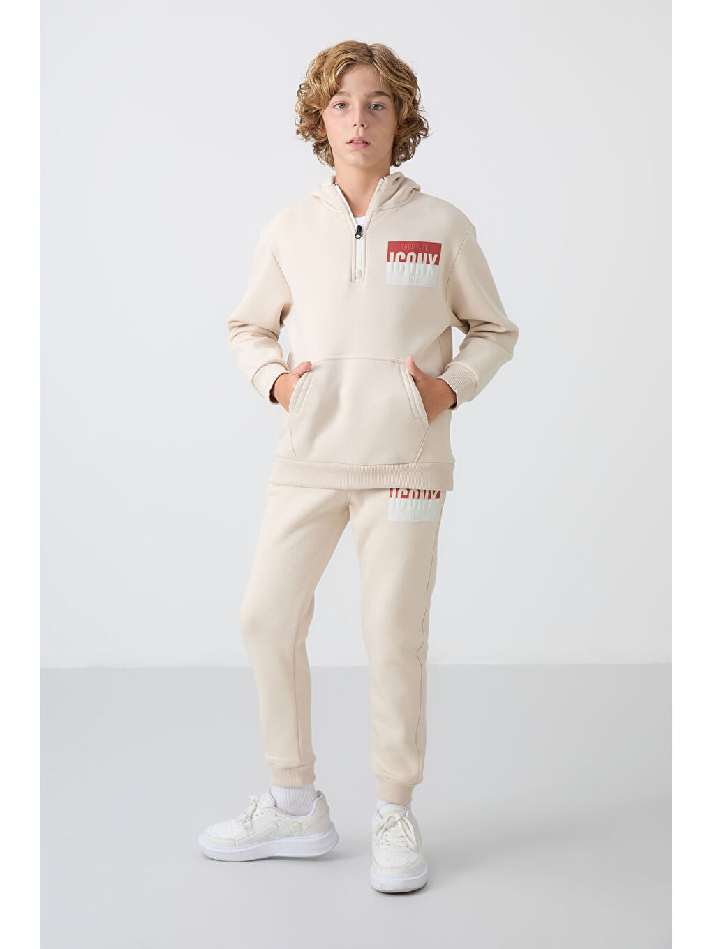 Bej Pamuklu Kalın İçi Tüylü Yumuşak Dokulu Standart Fit Baskılı Erkek Çocuk Eşofman Takım - 11246-3