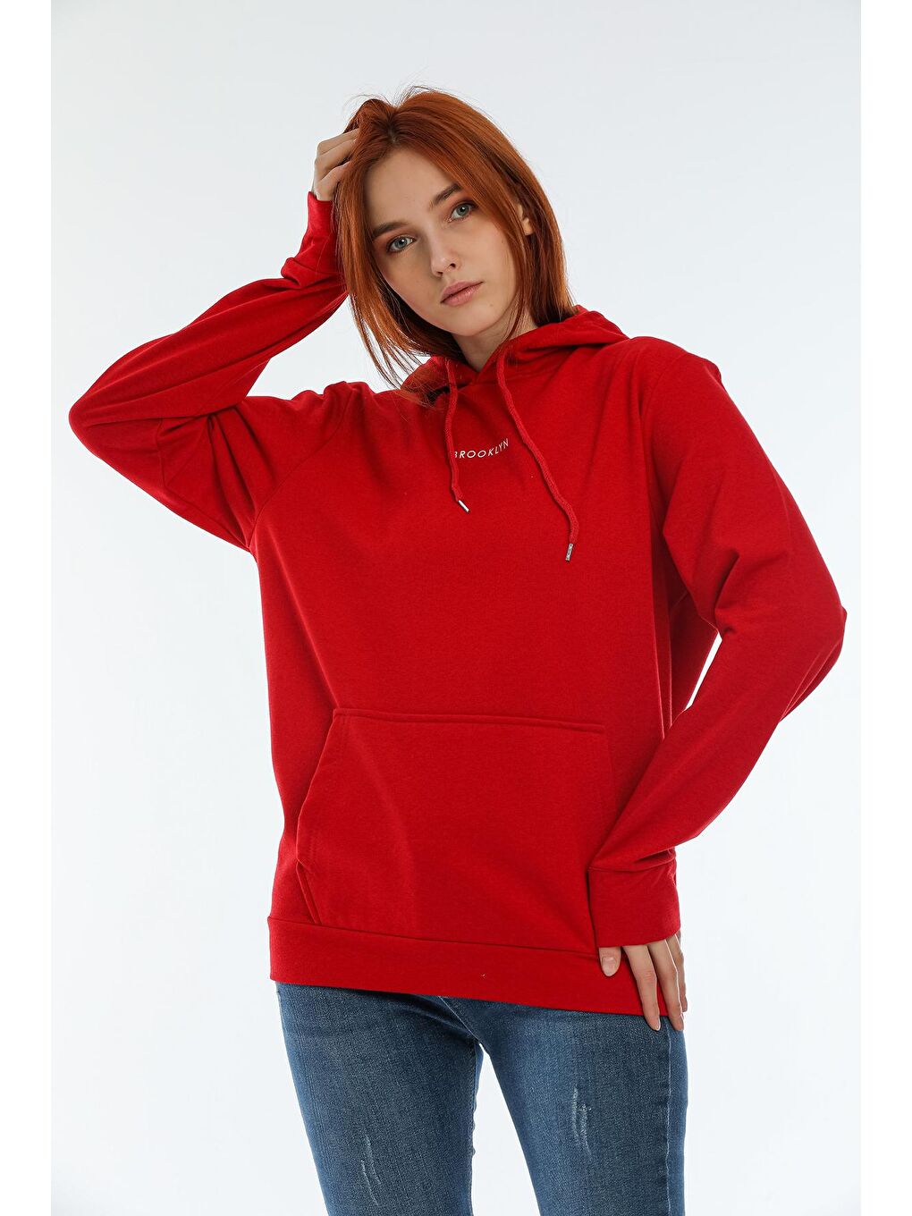 Süperlife Kırmızı Kadın Kapüşonlu Oversize Brooklyn Baskılı Sweatshirt SPR22SWK161 - 3