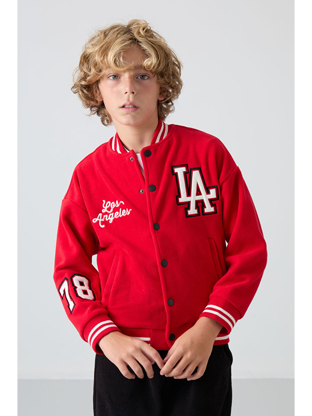 Kırmızı Kalın Yumuşak Dokulu Standart Fit Nakışlı Polar Erkek Çocuk Kolej Ceket - 11227-1