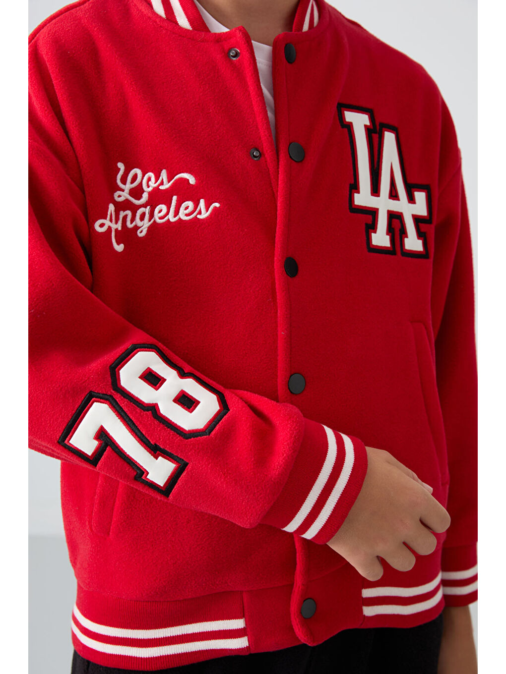 Kırmızı Kalın Yumuşak Dokulu Standart Fit Nakışlı Polar Erkek Çocuk Kolej Ceket - 11227-2