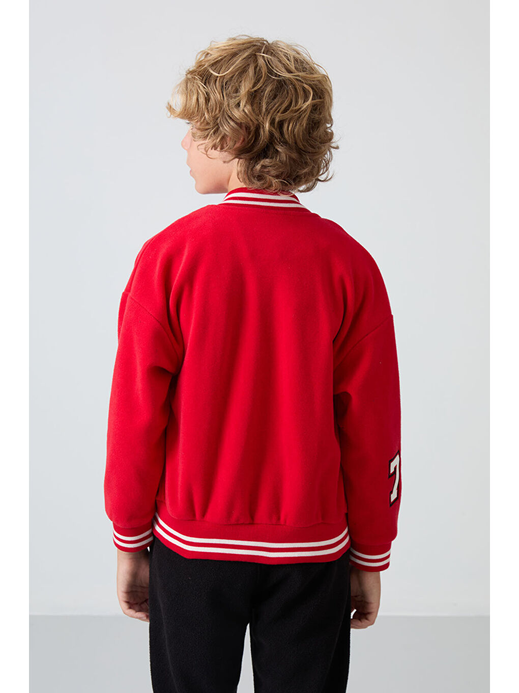 Kırmızı Kalın Yumuşak Dokulu Standart Fit Nakışlı Polar Erkek Çocuk Kolej Ceket - 11227-4