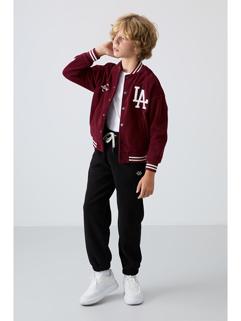 Mor Erguvan Kalın Yumuşak Dokulu Standart Fit Nakışlı Polar Erkek Çocuk Kolej Ceket - 11227-2