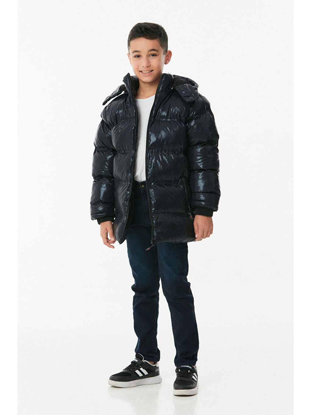 Lacivert Baskılı Fermuarlı Unisex  Çocuk Şişme Mont