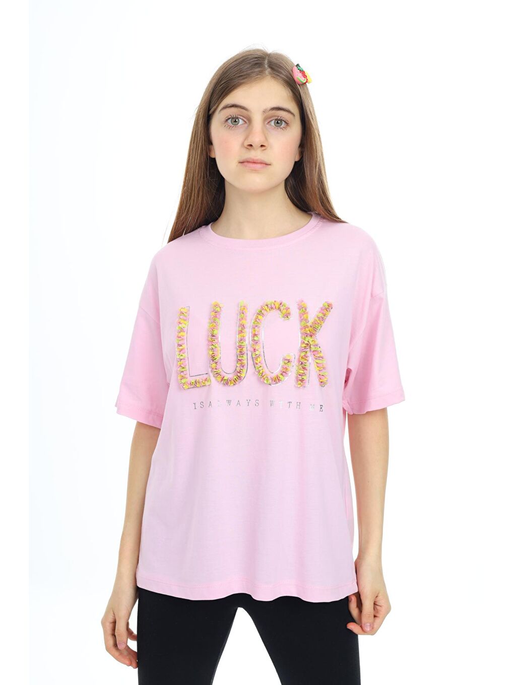 Pembe Kız Çocuk Tasarım Yazı Desenli T-Shirt 9-14 Yaş Lx038