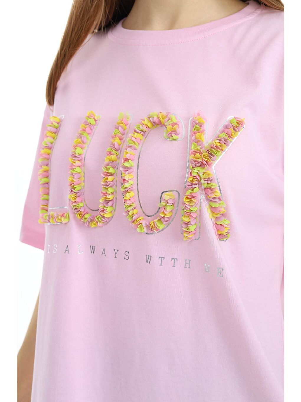 Pembe Kız Çocuk Tasarım Yazı Desenli T-Shirt 9-14 Yaş Lx038-1