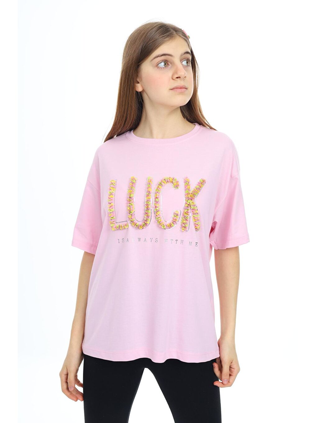 Pembe Kız Çocuk Tasarım Yazı Desenli T-Shirt 9-14 Yaş Lx038-2