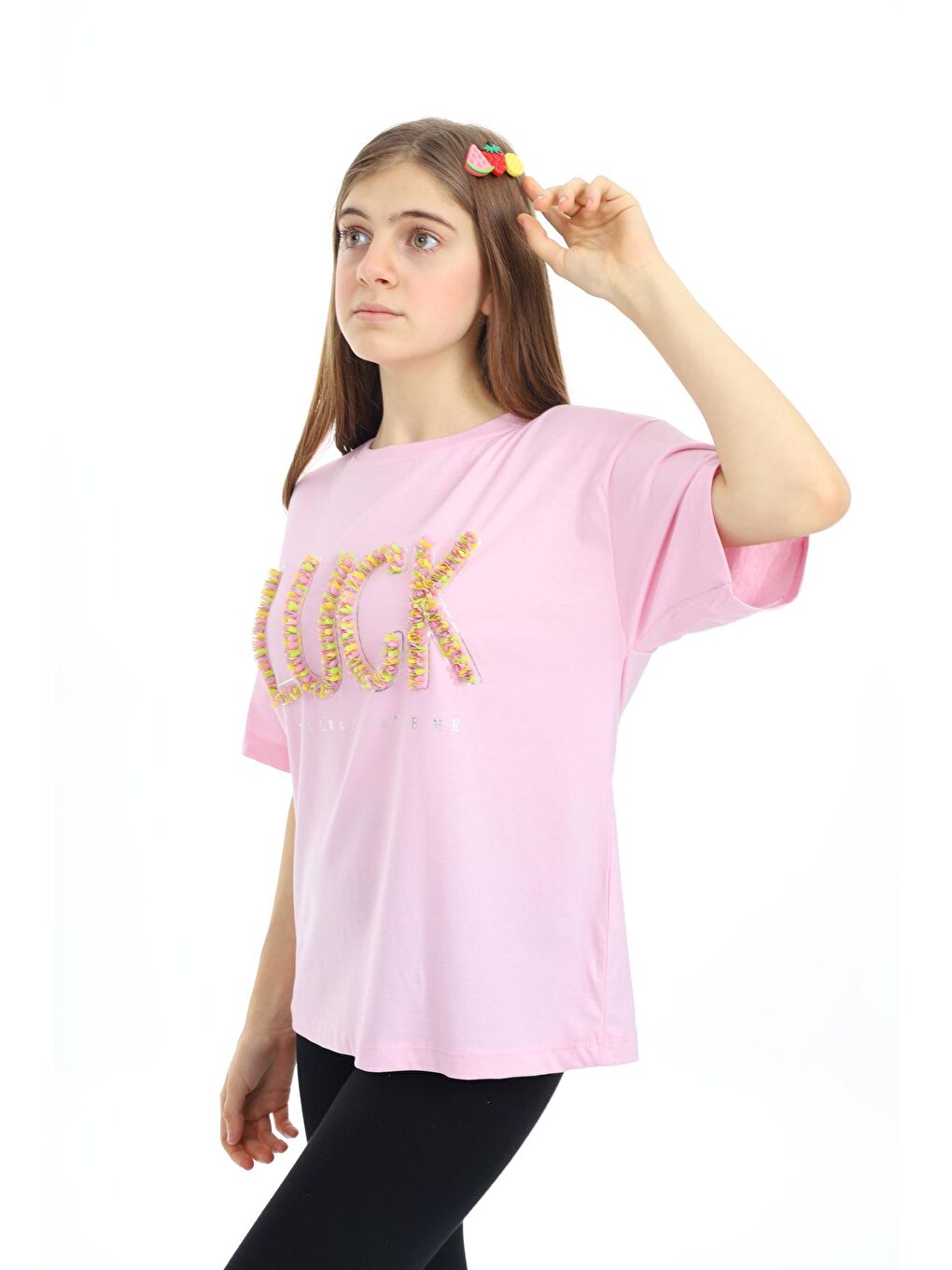 Pembe Kız Çocuk Tasarım Yazı Desenli T-Shirt 9-14 Yaş Lx038-3