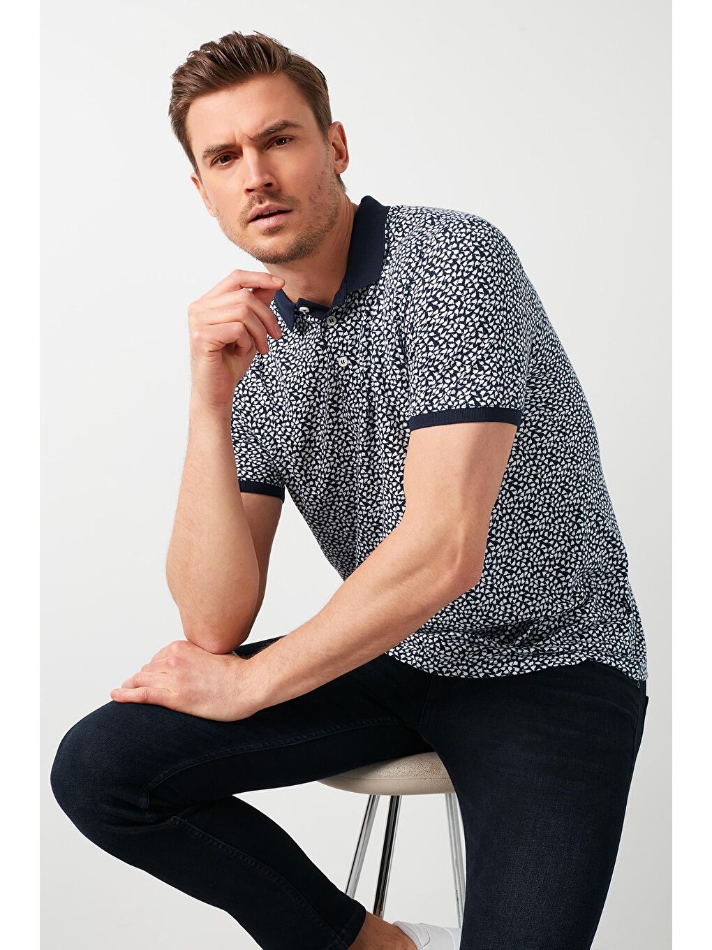 Lacivert % 100 Pamuklu Desenli Polo Yaka Tişört 5968004