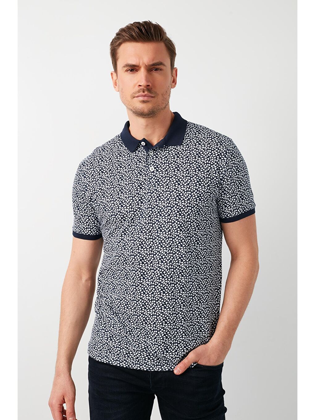 Lacivert % 100 Pamuklu Desenli Polo Yaka Tişört 5968004-1