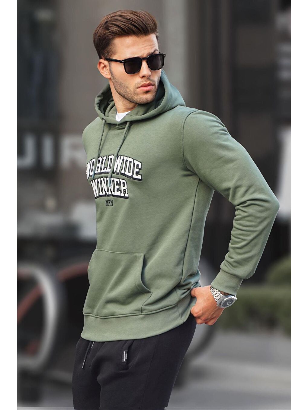 Haki Karmelanj Baskılı Kapüşonlu Erkek Hoodie 6149