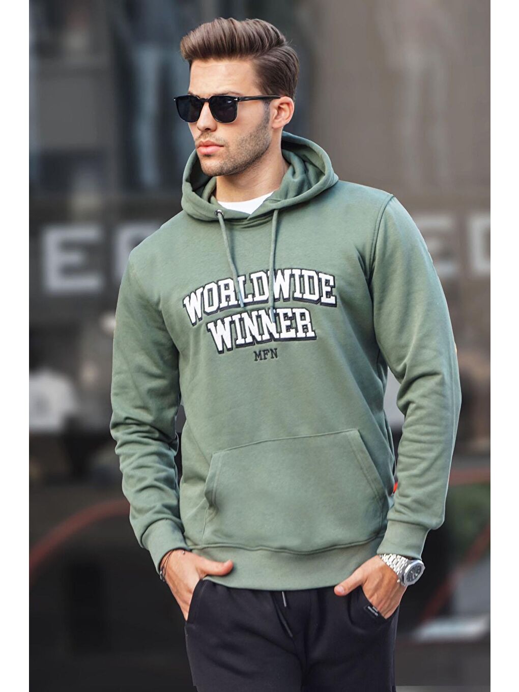Haki Karmelanj Baskılı Kapüşonlu Erkek Hoodie 6149-1