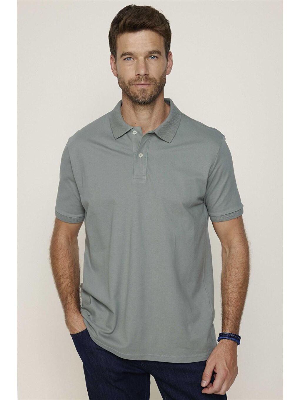 Haki Erkek Jakarlı Yaka Klasik Fit Düz Pamuklu Pike Tişört-1