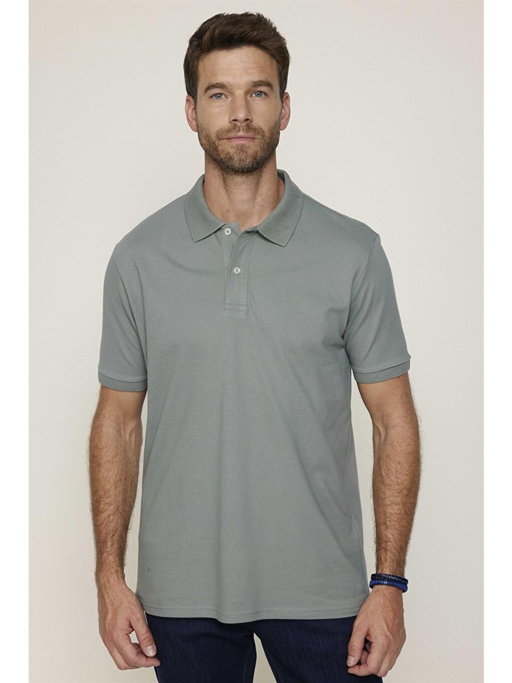 Haki Erkek Jakarlı Yaka Klasik Fit Düz Pamuklu Pike Tişört-2